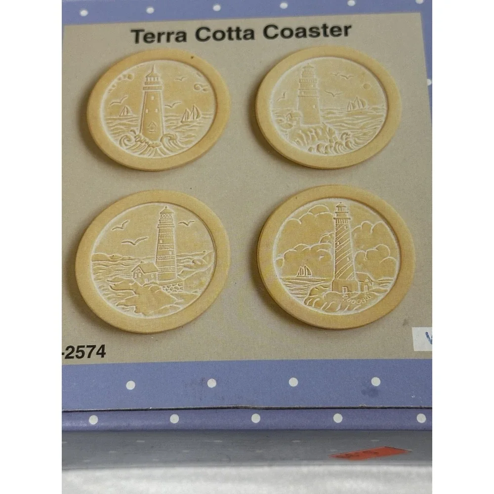 Terra Cotta‎ Coasters Felt Bottom Set Of 4 Lighthouse New In Box Beach Cottage
